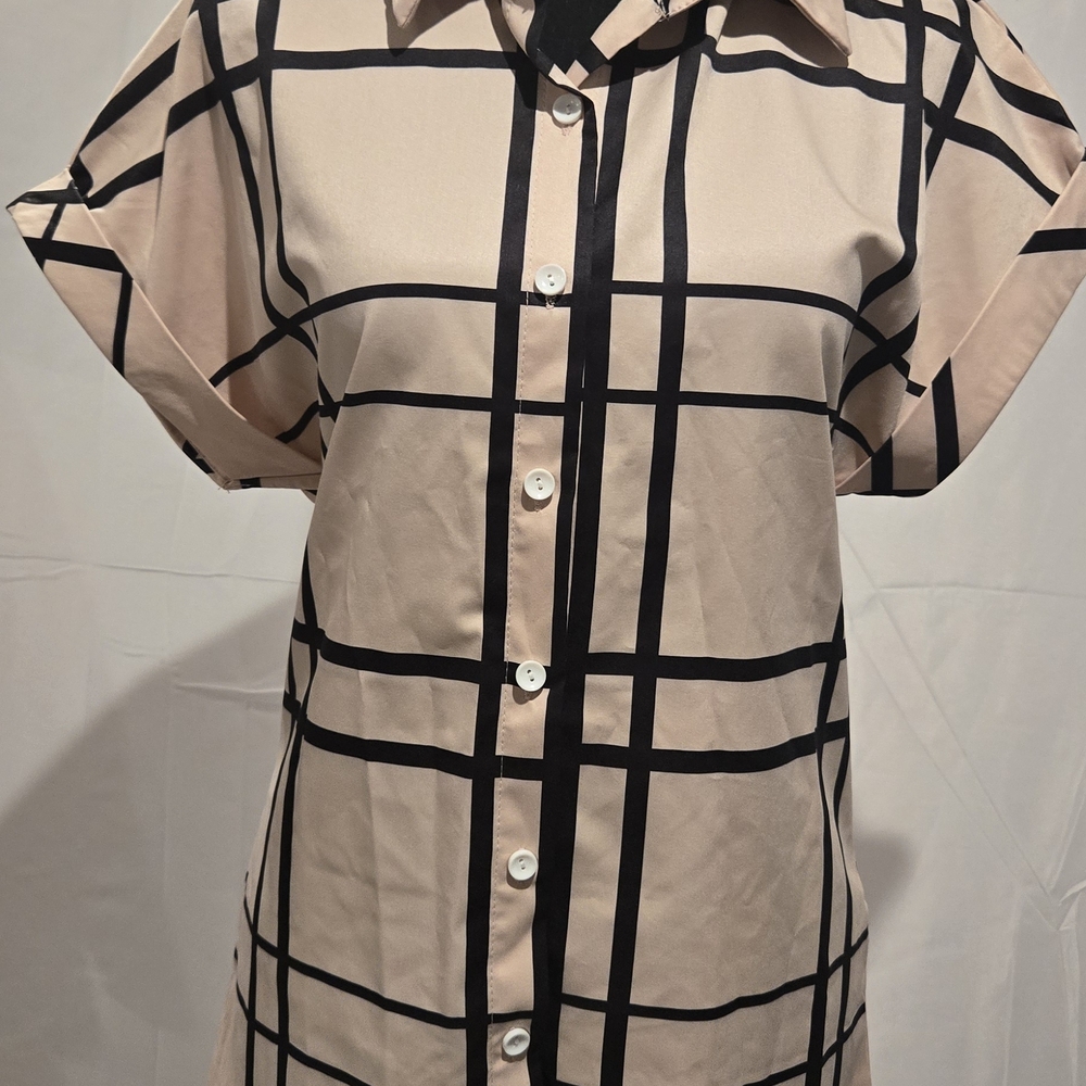 Button-Front Plaid Shirt Dress in Blush and Black